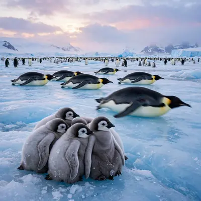 A colony of emperor penguins tobogganing across blue Antarctic ice under a pastel polar sky, chicks huddled nearby. Polar wildlife photography, soft