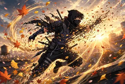 Cinematic anime still of a ninja vanishing into swirling leaves in modern shonen anime style, caught at the peak of motion. Soft volumetric god rays