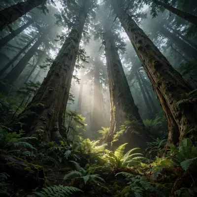Standing at the base of colossal coastal redwoods, trunks vanishing into foggy canopy, ferns glowing in a light shaft. Forest photography, ethereal