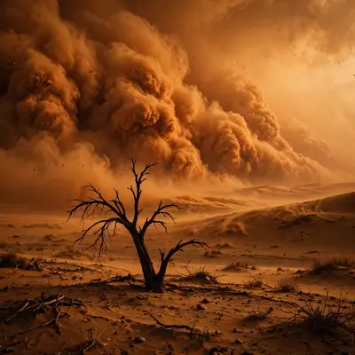 A towering wall of orange dust devouring the horizon over desert dunes, a lone dead tree silhouetted in front. Extreme weather photography