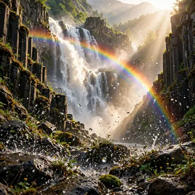 A rainbow arcing through the spray of a massive waterfall in afternoon sun, basalt columns framing the falls. Nature photography, bright backlit