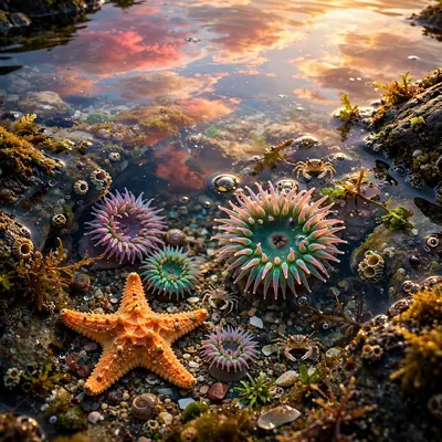 A rockpool at low tide revealing starfish, anemones and tiny crabs in crystal water, reflected sunset clouds above. Macro coastal photography, warm