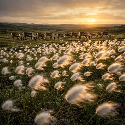 A meadow of white cotton grass trembling in Arctic wind under midnight sun, a reindeer herd grazing in golden light. Tundra photography, endless
