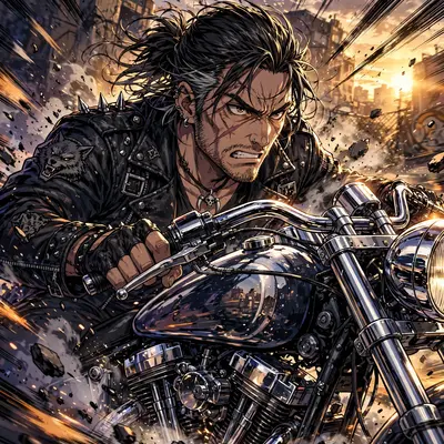 a biker gang leader revving a chrome motorcycle rendered in crisp digital anime style, frozen mid-action with bold motion lines and flying debris