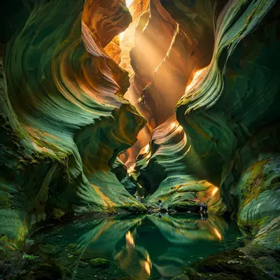 Sunlight bouncing deep into a green-tinted slot canyon, smooth sculpted walls glowing like jade, a pool of still water below. Fine art canyon