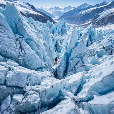 A chaotic jumble of blue ice seracs on a glacier icefall, a tiny climber threading between towers for scale. Alpine photography, crisp midday light
