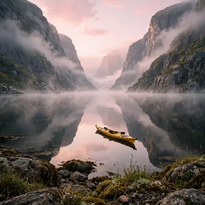 A lone yellow kayak gliding across glassy fjord water at dawn, mist curling off the surface, cliffs mirrored perfectly. Adventure photography, soft