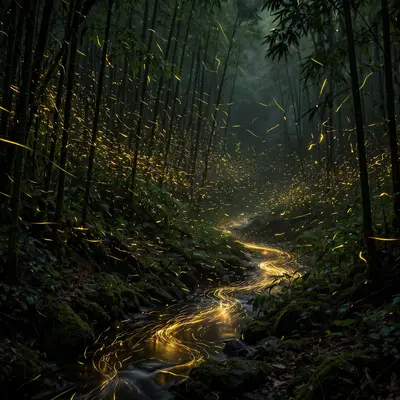 Thousands of fireflies blinking gold through a dark bamboo forest, a stream reflecting their light, long exposure trails. Night nature photography