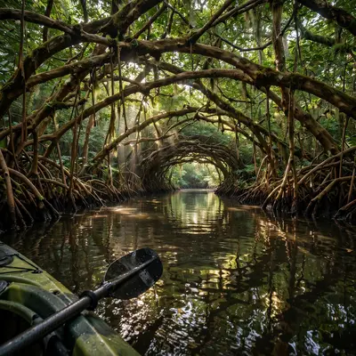 Paddling through a green mangrove tunnel, roots arching overhead, shafts of light dancing on brackish water. Adventure photography, dappled jungle