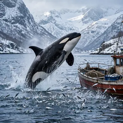 An orca breaching beside a fishing boat in a Norwegian fjord, herring scattering silver at the surface, snowy peaks behind. Marine wildlife