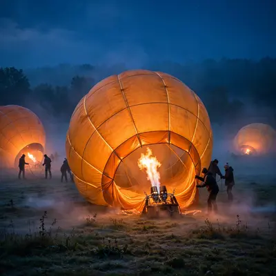 Hot air balloons inflating on a misty field before dawn, burners flaring orange against deep blue sky, envelopes glowing. Pre-dawn photography