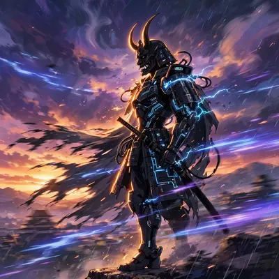 classic 90s anime OVA style illustration of an oni-masked warrior in electric armor, posed heroically against a dramatic sky. Cinematic rim lighting