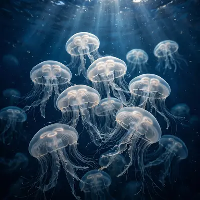 A bloom of moon jellyfish pulsing through deep blue water, tentacles trailing like silk, sun rays from above. Underwater photography, ethereal