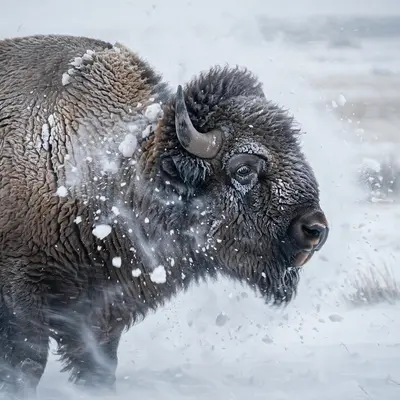 A bison bull shaking snow from its shaggy coat in a prairie blizzard, frost on its eyelashes, ghostly whiteout behind. Winter wildlife photography