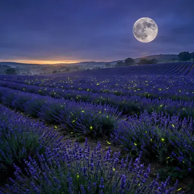A full moon rising over lavender rows at blue hour, purple fields fading to indigo, fireflies starting to blink. Twilight landscape photography, cool