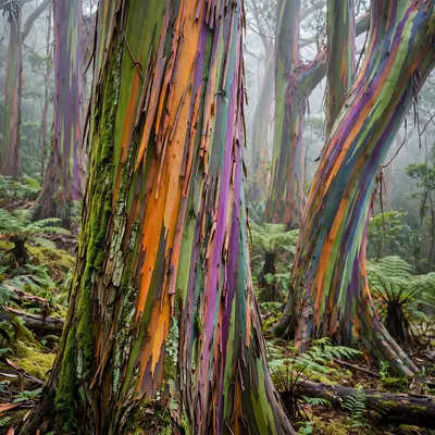 Rainbow eucalyptus trees with peeling bark in stripes of green, orange and purple, mist softening a Hawaiian grove. Botanical photography, soft