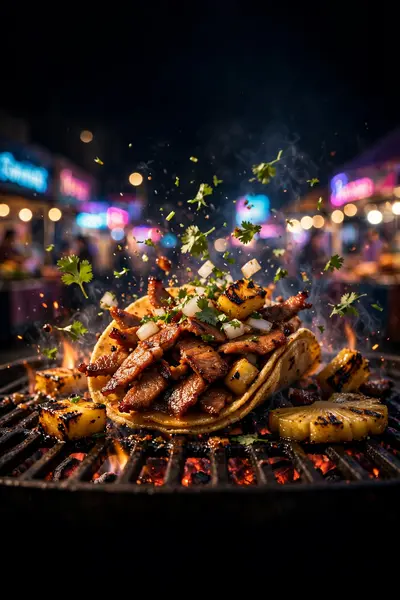 A sizzling street taco al pastor on a crowded night-market grill, pineapple charring, cilantro flying, neon signs blurred behind. Street food
