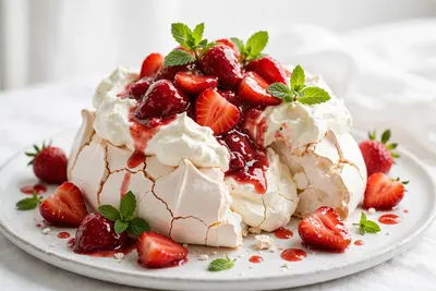 A cloud-like pavlova topped with whipped mascarpone, macerated strawberries and mint, meringue cracked open. Dessert photography, soft natural light
