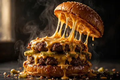 A double smash burger with molten cheddar dripping, pickles and special sauce, sesame brioche glistening. Bold food photography, dramatic side light