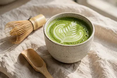 A ceramic cup of vibrant matcha latte with delicate leaf art, whisk and bamboo scoop beside it on linen. Minimal cafe photography, soft daylight