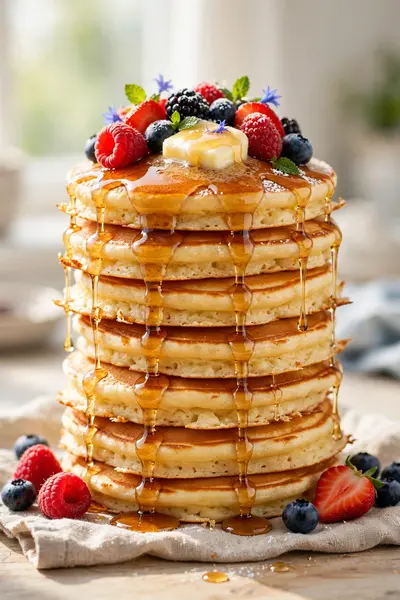 A towering stack of fluffy pancakes with melting butter and maple syrup cascading down the sides, berries on top. Breakfast food photography, bright