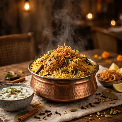 A copper handi of fragrant chicken biryani opened tableside, saffron rice steaming, fried onions and raita alongside. Indian food photography, warm