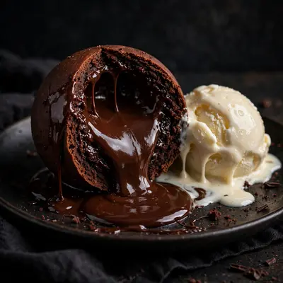 A dark chocolate fondant cut open with molten center oozing onto the plate, vanilla ice cream melting beside it. Dessert photography, dramatic low