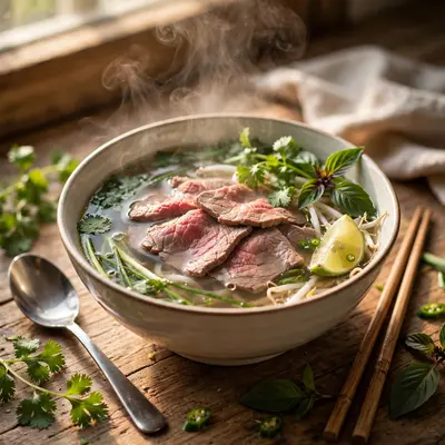 A steaming bowl of pho with rare beef, herbs and lime, chopsticks and spoon poised, broth crystal clear. Vietnamese food photography, warm natural