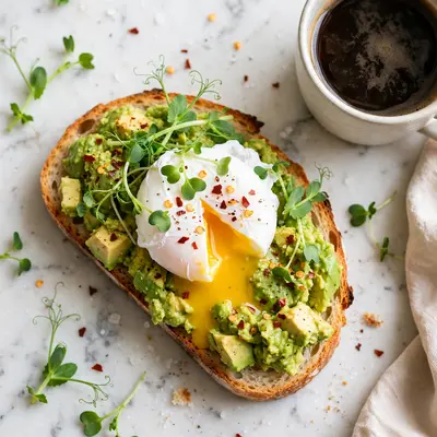 Sourdough toast with smashed avocado, poached egg, chili flakes and microgreens on a marble counter, coffee beside. Brunch photography, bright airy