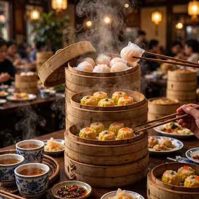 Bamboo steamers stacked high with translucent har gow and siu mai, chopsticks reaching in, tea cups nearby. Cantonese food photography, warm dim sum