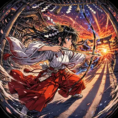 a shrine maiden drawing a sacred bow captured in manga-inspired anime style with screentone accents, hair and clothing whipping in the wind. Vivid