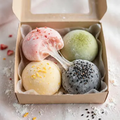 An open box of pastel mochi in strawberry, matcha, mango and black sesame, one bitten showing chewy stretch. Japanese dessert photography, soft