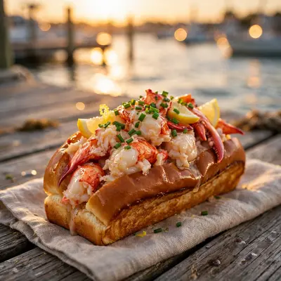 A butter-toasted lobster roll overflowing with claw meat, lemon and chives, served on a dock at golden hour. Seafood photography, warm sunset light
