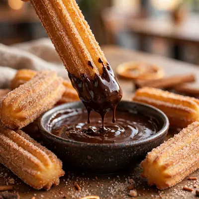 Fresh churros dusted with cinnamon sugar being dipped into thick dark chocolate, sugar crystals sparkling. Spanish dessert photography, warm cafe