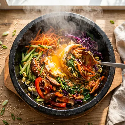 A sizzling stone bowl of bibimbap with rainbow vegetables, fried egg and gochujang, mixed tableside. Korean food photography, bright natural light