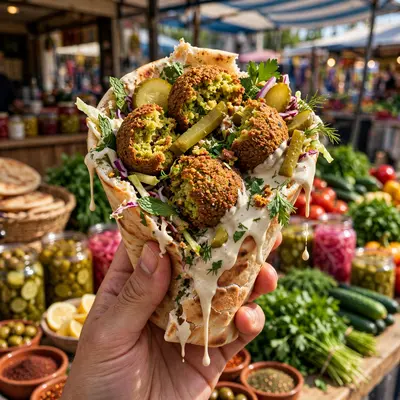 A falafel wrap bursting with crispy chickpea balls, tahini dripping, pickles and herbs, held up at a market stall. Street food photography, bright