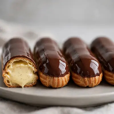 A row of chocolate-glazed eclairs with glossy mirror finish, one cut showing vanilla bean custard. Patisserie photography, soft studio light, refined