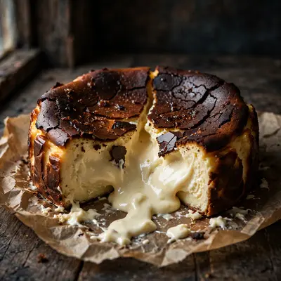 A Basque burnt cheesecake with caramelized top cracked open, creamy center oozing, on parchment paper. Dessert photography, moody side light, rustic