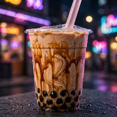 A brown sugar boba milk tea with tiger stripes, fat straw piercing the seal, condensation beading, neon shop behind. Drink photography, neon glow