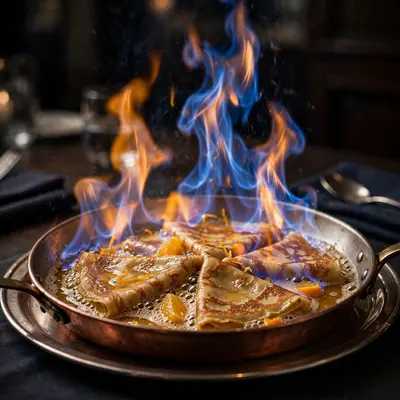 Crepes suzette flambeed tableside with orange liqueur, blue flames dancing, butter sauce bubbling. French dessert photography, flame light