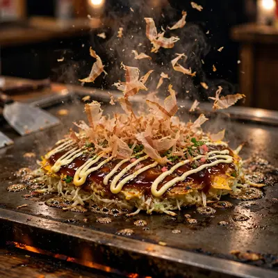 Okonomiyaki griddling on a teppan, bonito flakes dancing in the heat, kewpie mayo zigzagged on top. Japanese street food photography, grill glow