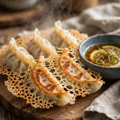 Pan-fried gyoza with a lacy crisp skirt connecting them, steam rising, ponzu dipping bowl beside. Japanese food photography, warm kitchen light