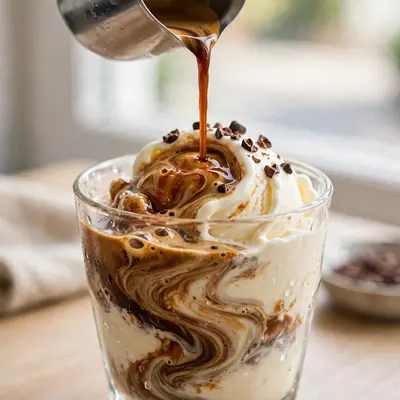 Hot espresso poured over vanilla gelato in a glass, swirling and melting on camera, cocoa nibs on top. Italian dessert photography, bright cafe