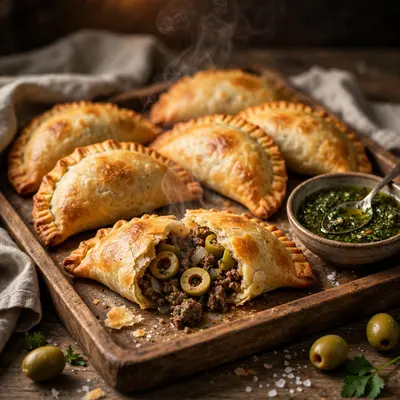 A tray of golden empanadas with crimped edges, one broken showing beef and olive filling, chimichurri nearby. Latin food photography, warm oven