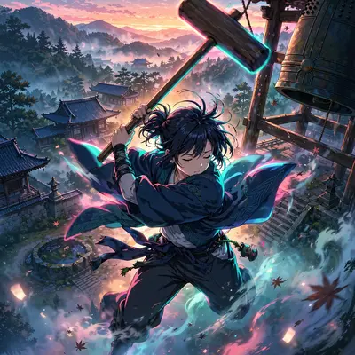 Cinematic anime still of a temple bell striker at dawn in studio-quality TV anime style, caught at the peak of motion. Dramatic neon backlighting