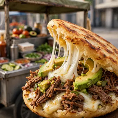 A grilled arepa split open with molten mozzarella stretching, shredded beef and avocado inside, street cart behind. Venezuelan food photography