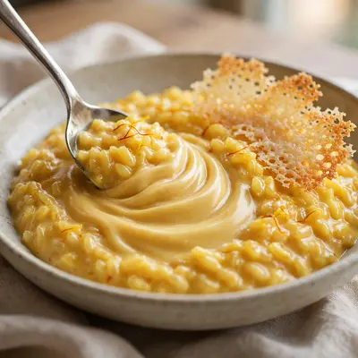 A creamy saffron risotto with parmesan crisp, the spoon drag revealing glossy waves, in a shallow bowl. Italian food photography, soft restaurant