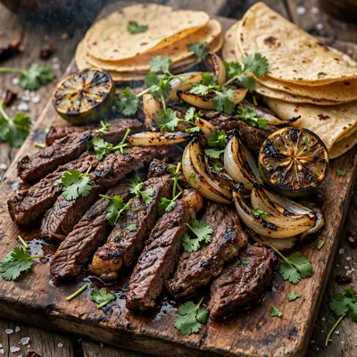 A wooden board piled with sliced carne asada, charred lime, grilled onions and warm tortillas, cilantro shower. Mexican grill photography, rustic