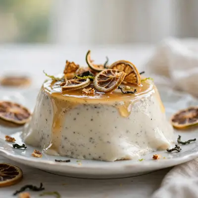 A trembling earl grey panna cotta with bergamot glaze, dried citrus on top, in soft window light. Dessert photography, delicate daylight, refined and