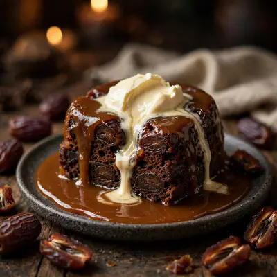 A warm sticky toffee pudding with dates, toffee sauce pooling, clotted cream melting on top. British dessert photography, cozy low light, comforting